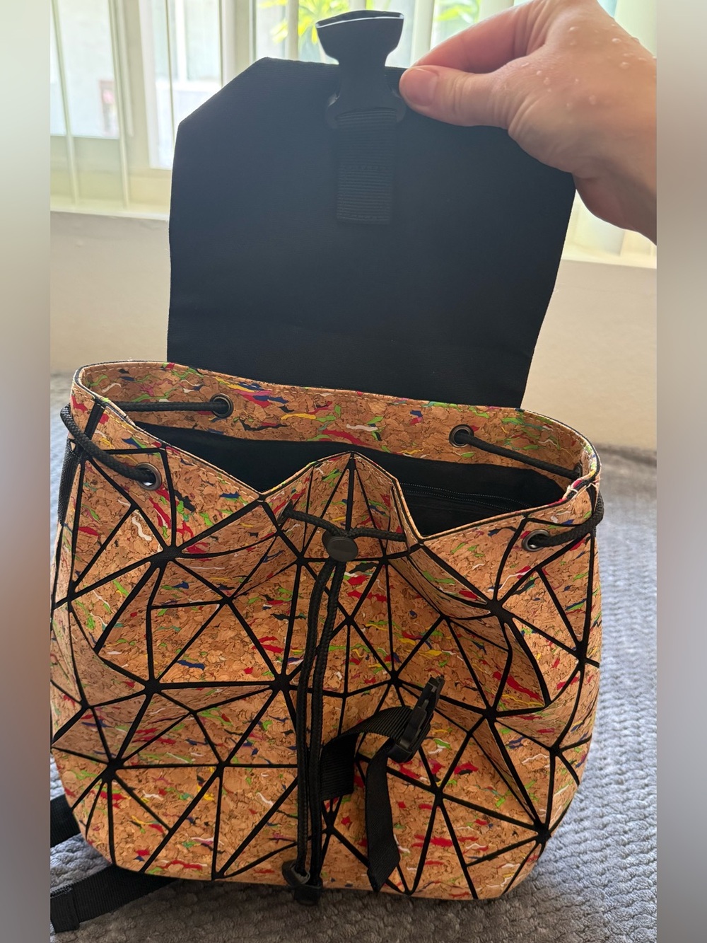 Geometric Cork Drawstring Backpack - Multicolor - Picture 3 of 7